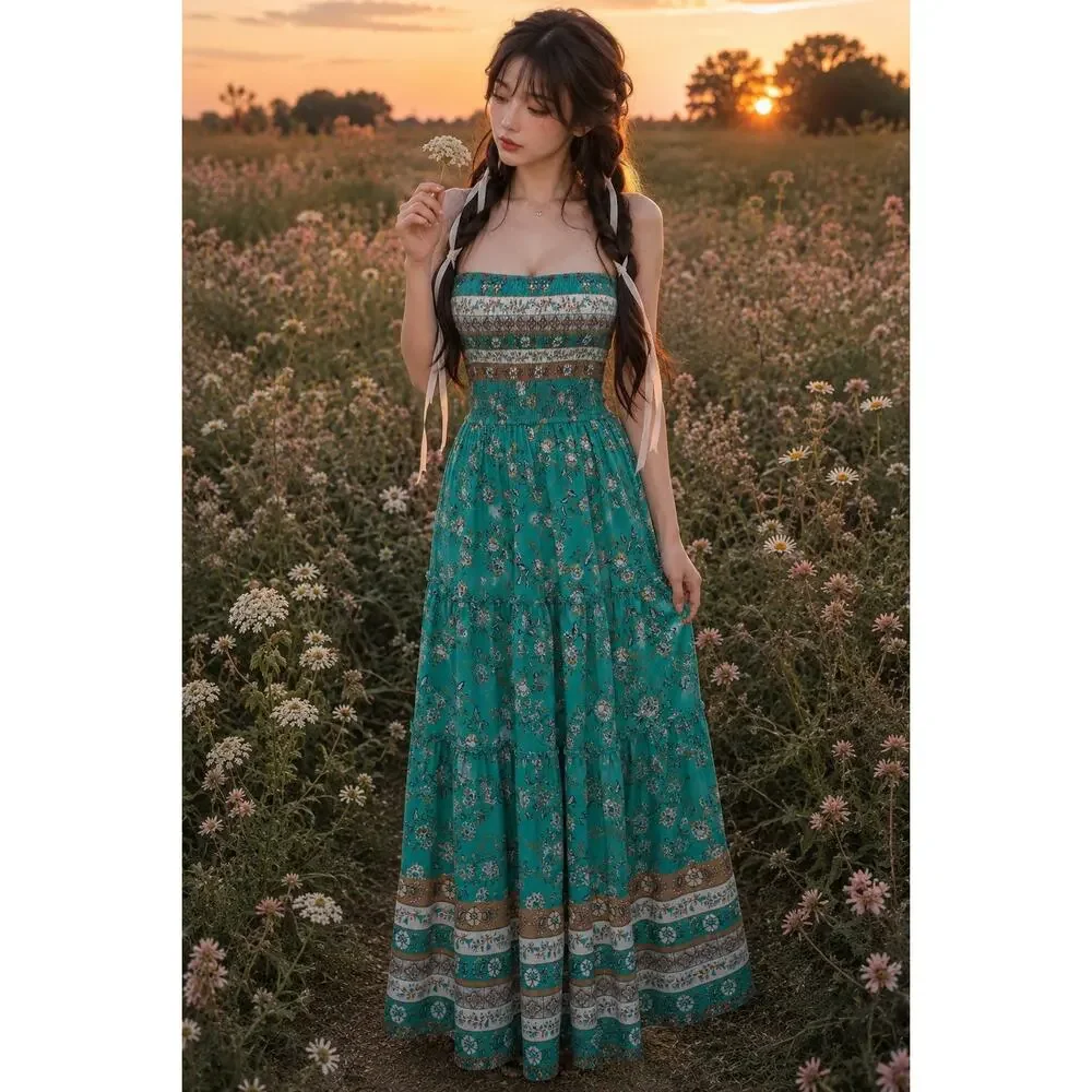 Barefoot Beneath the Palms strapless Smocked flowing boho floral maxi dress M
